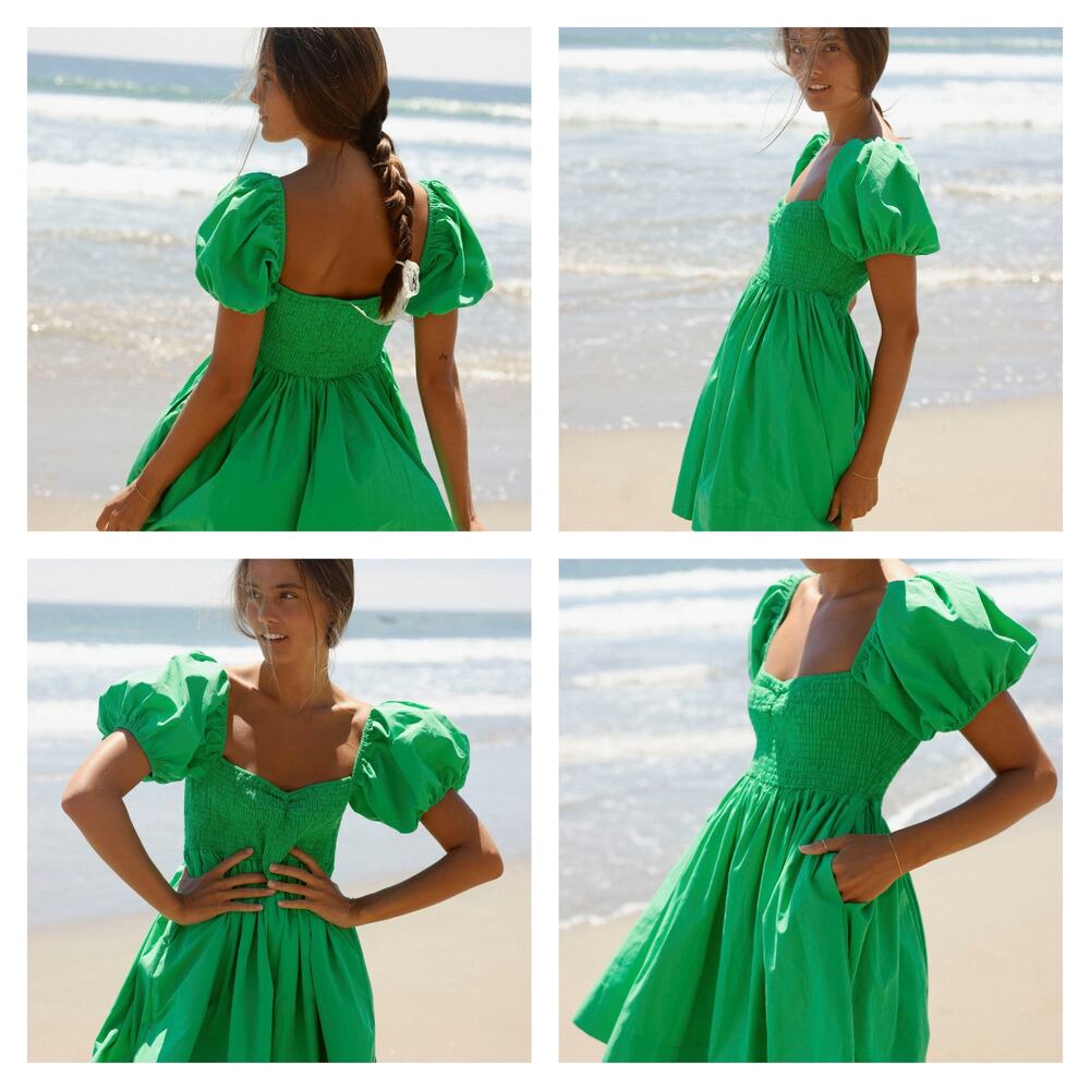 Cousin The Label Women's Smocked Puff Sleeve Brac Dress S NWT 198 Green